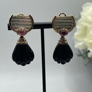 Kylo Vintage Sterling Silver Vermeil Obsidian Garnet Gem Clip On Runway Earrings